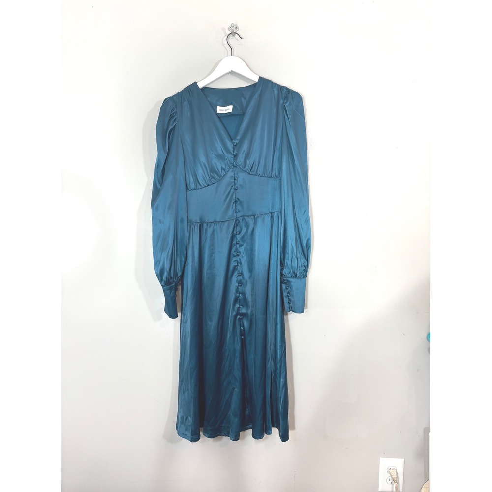 Colon Diana Teal Satin Bishop Sleeve Button Front Midi Dress Womens - Picture 4 of 16